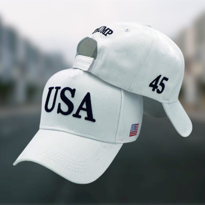 USA Trump 45 100% Cotton Twill Embroidered Hat (White)