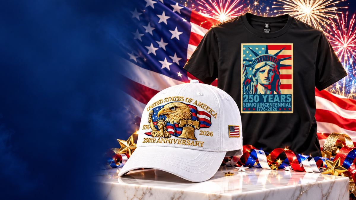America 250 anniversary cap and black Lady Liberty anniversary T-shirt with an American flag and fireworks