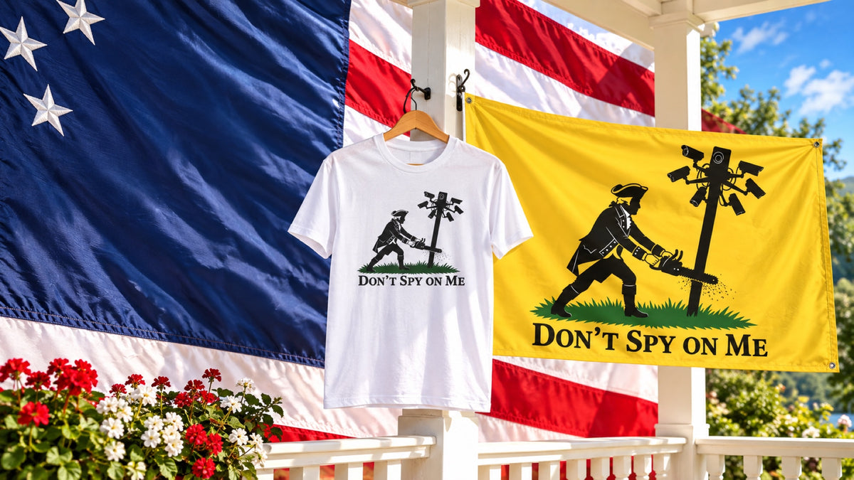 Don't Spy On Me T-shirt and yellow flag displayed on a bright white porch